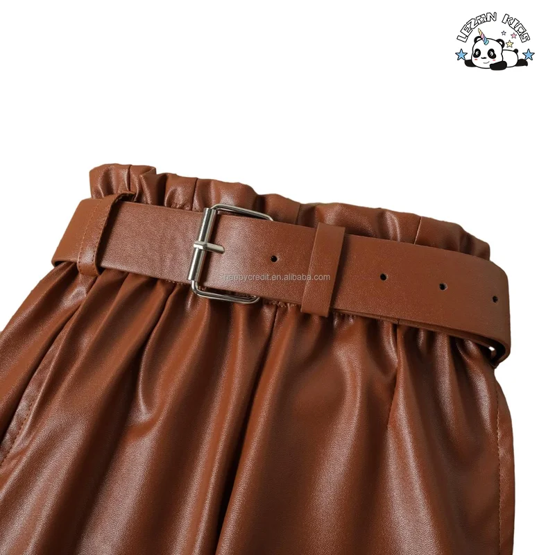 LEZONKIDS - High Street Lantern Sleeve Top Wear and PU Leather Pants Two Piece Junior Girls Clothing Sets